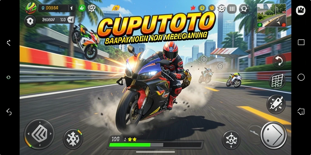 Tampilan gameplay CUPUTOTO dengan aksi balapan motor yang seru dan penuh keseruan.