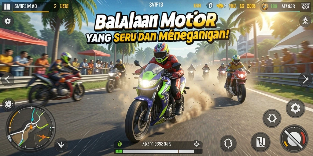 Gameplay seru SVIP13 dengan motor balap yang cepat dan lintasan yang menantang.